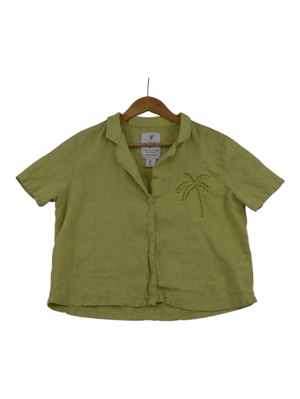 Calypso St. Barth Lime Green Palm-Accent Linen Button-Down Shirt
